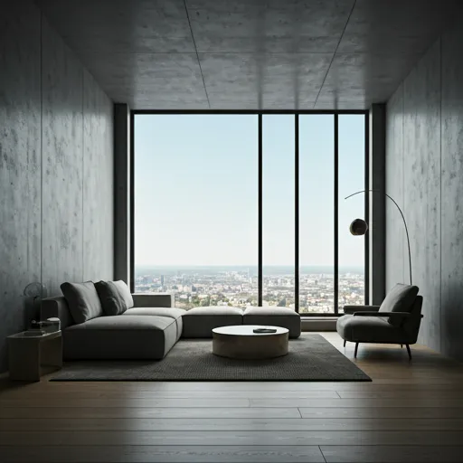 Sala de estar minimalista de lujo con techos altos y ventanales de piso a techo