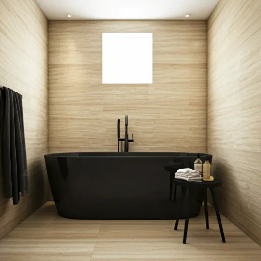 Baño de lujo en piedra travertino — The Obsidian Suite