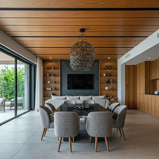 Sala y comedor de planta abierta — Villa Almas